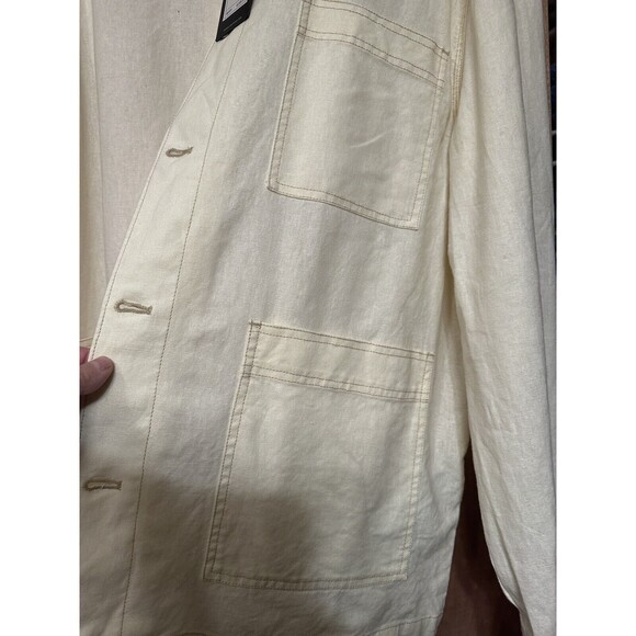 7 FOR ALL MANKIND Shirt Jacket Ecru Brown Top Stitching Button Patch Pockets XL - Picture 16 of 16